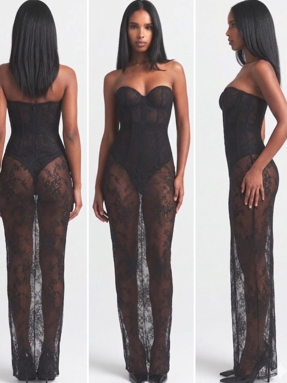 SKIMS Ultra Fine Lace Strapless Corset Long Dress Onyx Black NWT XS